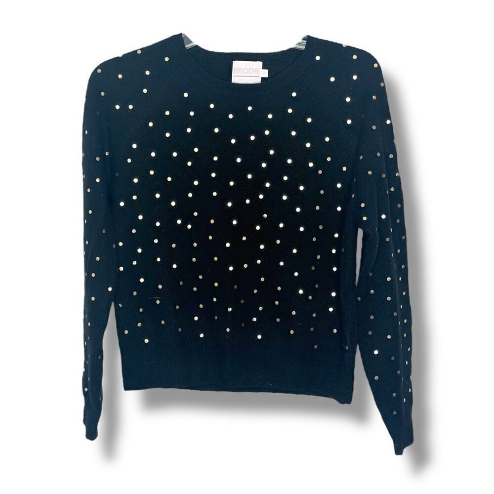 Brodie Black Cashmere Sweater with Metallic Gold Polka Dots Women’s Size Small S